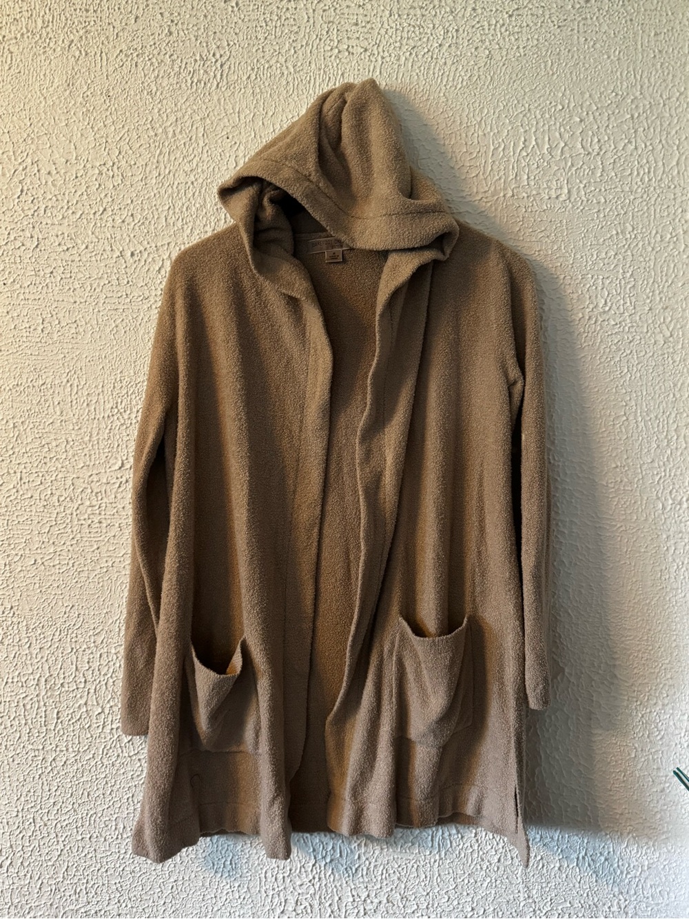 Barefoot Dreams Hooded Open-Front Hooded Cardigan in Taupe